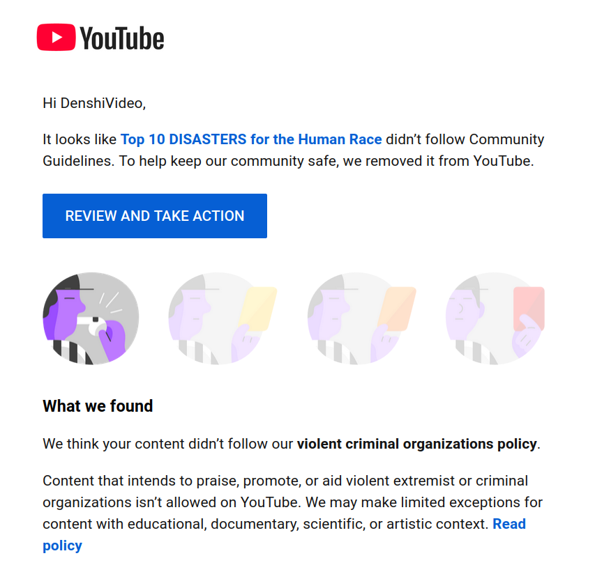 The warning from YouTube.