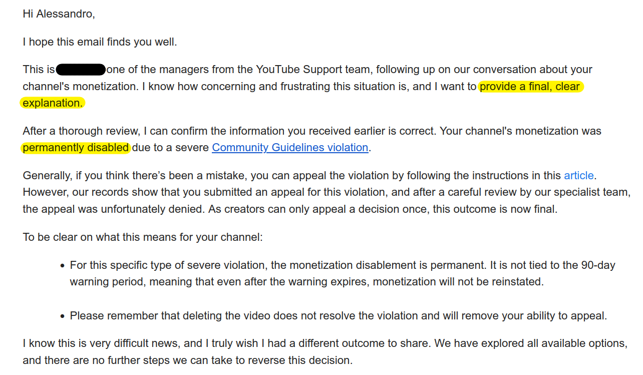 The email stating my channel has been permanently demonetized, with no option to get monetization back, ever.