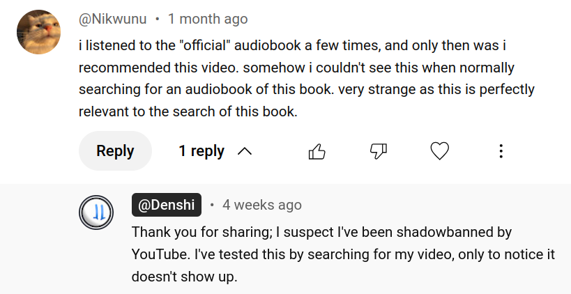Another comment explaining how difficult it was to find my video.