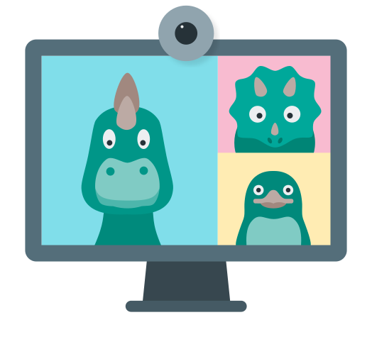 Two dinosaurs and a penguin on a video call.