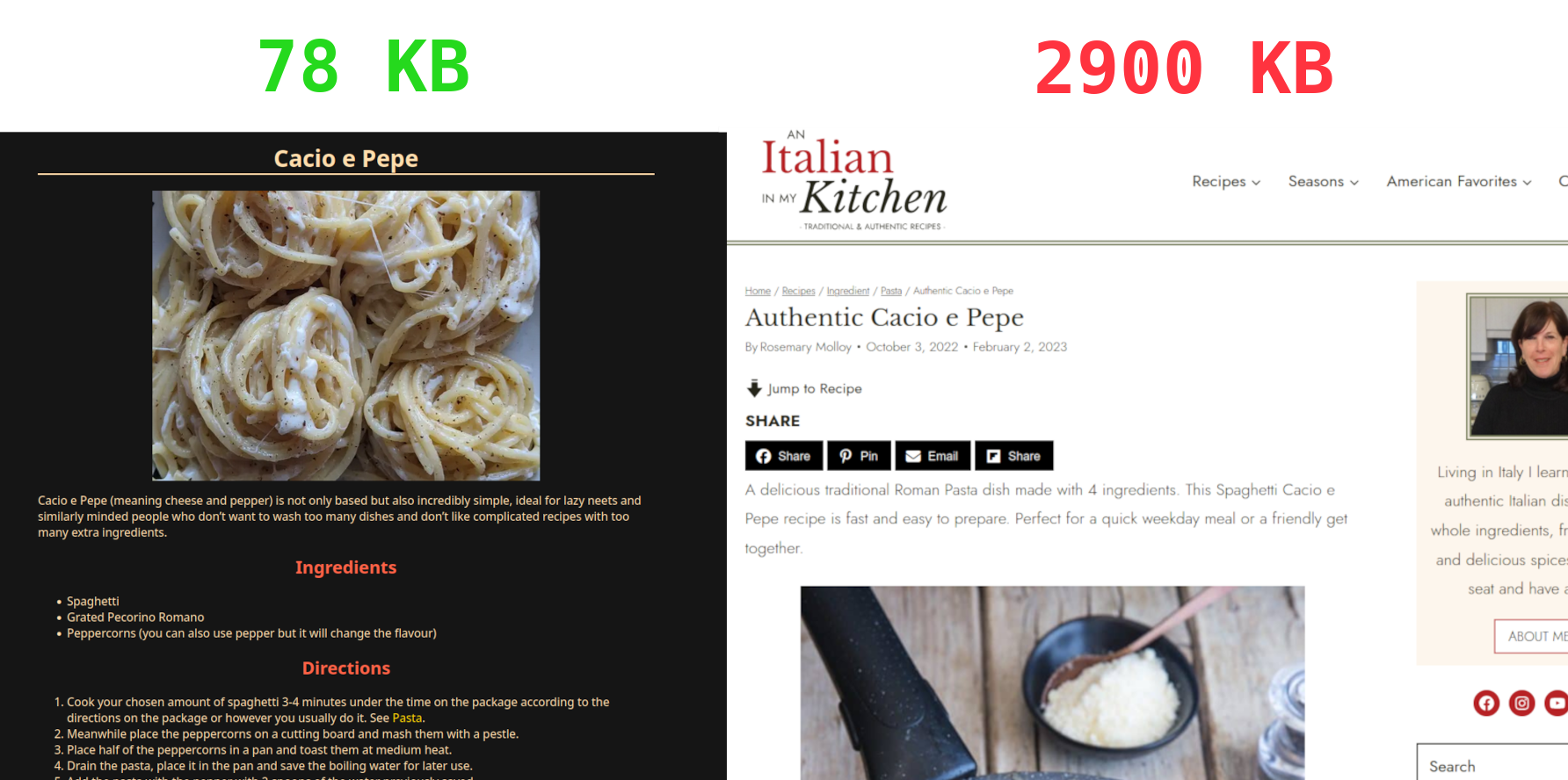 A comparison of modern web bloat, featuring two recipes for the same dish, one on based.cooking, a lightweight recipe site, and another on “an Italian in my Kitchen”, a website that sounds more like a genuine threat than a comfy cooking site.