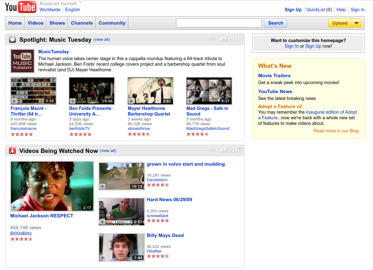 The YouTube home page back in 2009, including an announcement that Billy Mays has passed away. RIP! I hope he’s up there, in that washing machine in the sky!