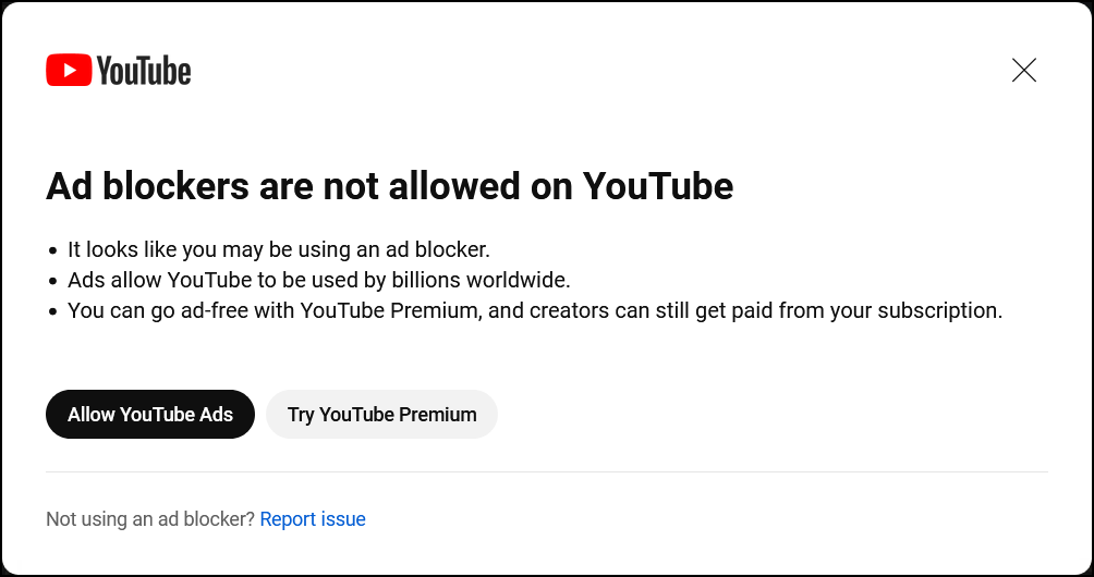 A screenshot of YouTube’s new popup, demanding users stop using Ad Blockers.